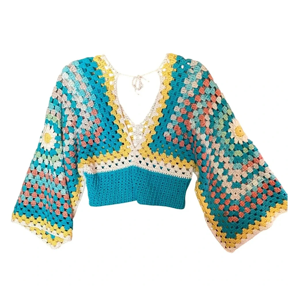 Handmade Crochet Granny Square Crop Top Bell Sleeve V-Neck Boho Turquoise Yellow